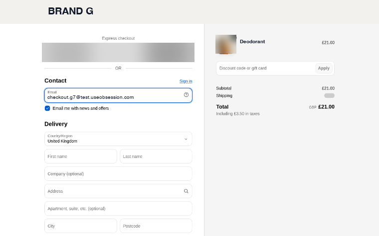 The store’s checkout page with the test customer’s inbox address filled in and the marketing box ticked