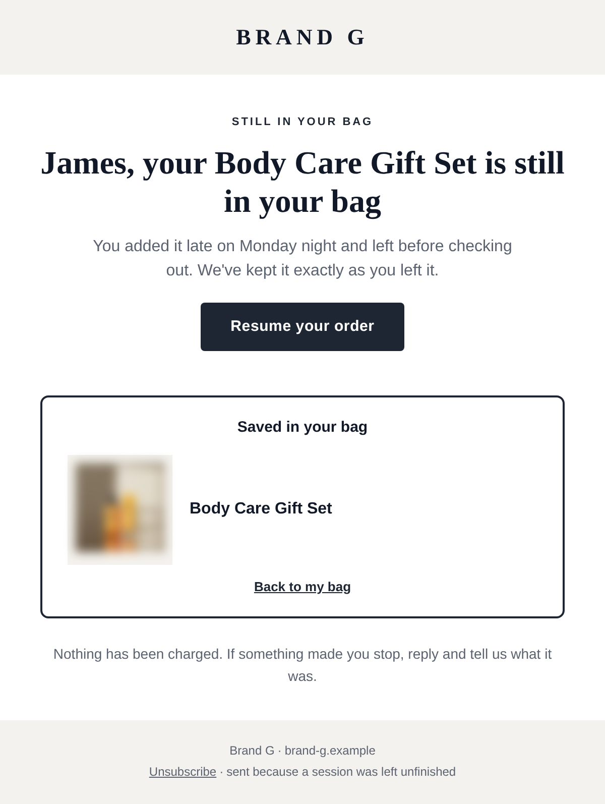 The reminder we drafted for Brand G, not sent: James, your Body Care Gift Set is still in your bag
