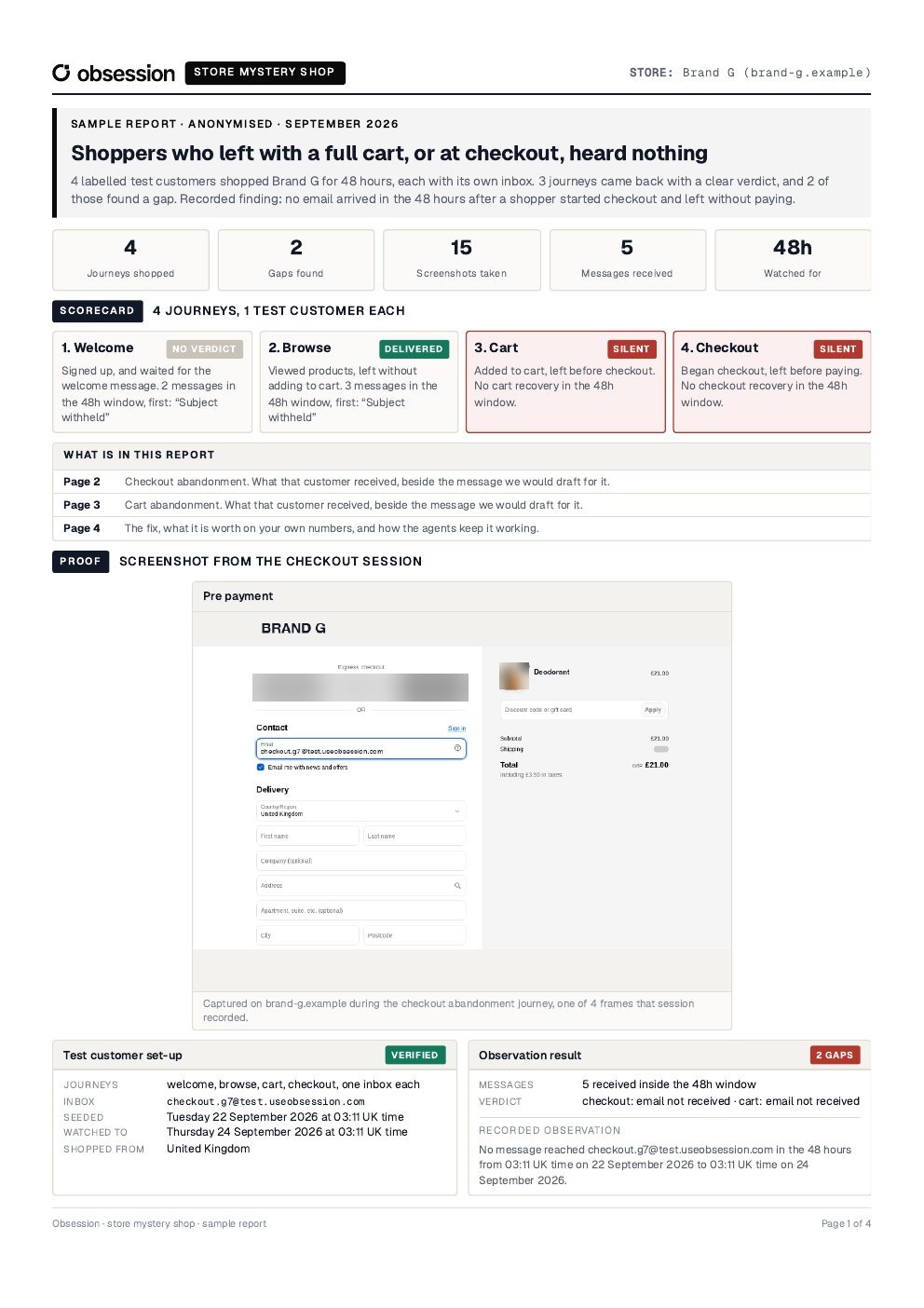 Page 1 of the report: the 4 journeys and their verdicts, a checkout screenshot and the test customer set up